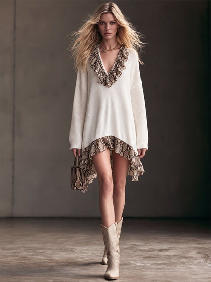 Retro Chic White Oversized V-Neck Snake-Print Ruffle-Trim Knit Mini Dress