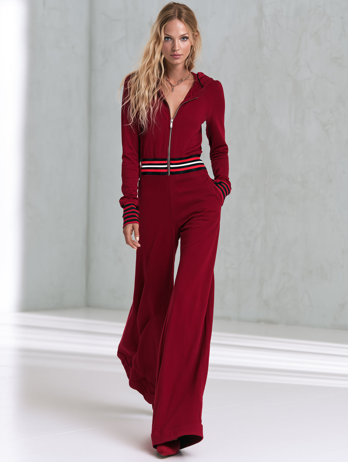 Casual Sporty Style With Striped Trim Red Hooded Cotton Jumpsuit