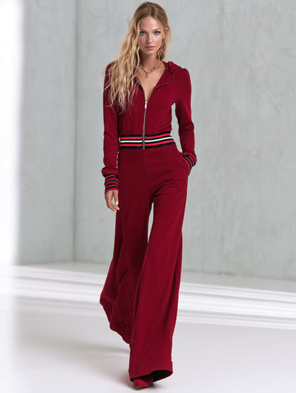 Casual Sporty Style With Striped Trim Red Hooded Cotton Jumpsuit