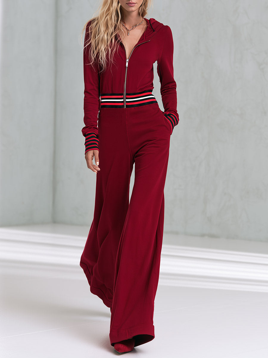 Casual Sporty Style With Striped Trim Red Hooded Cotton Jumpsuit
