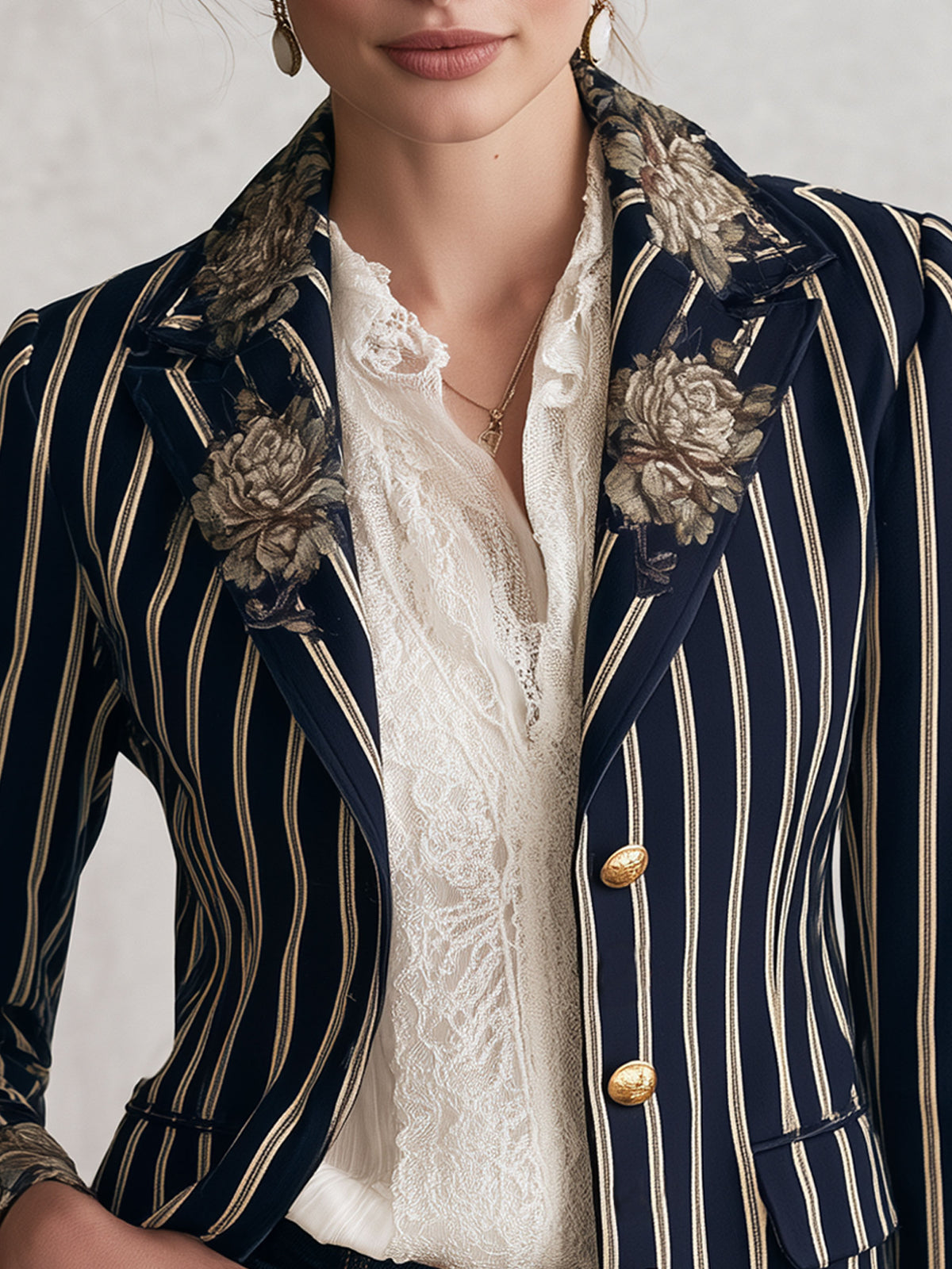 Fashionable Retro Peony Striped Navy Blue Suit Jacket