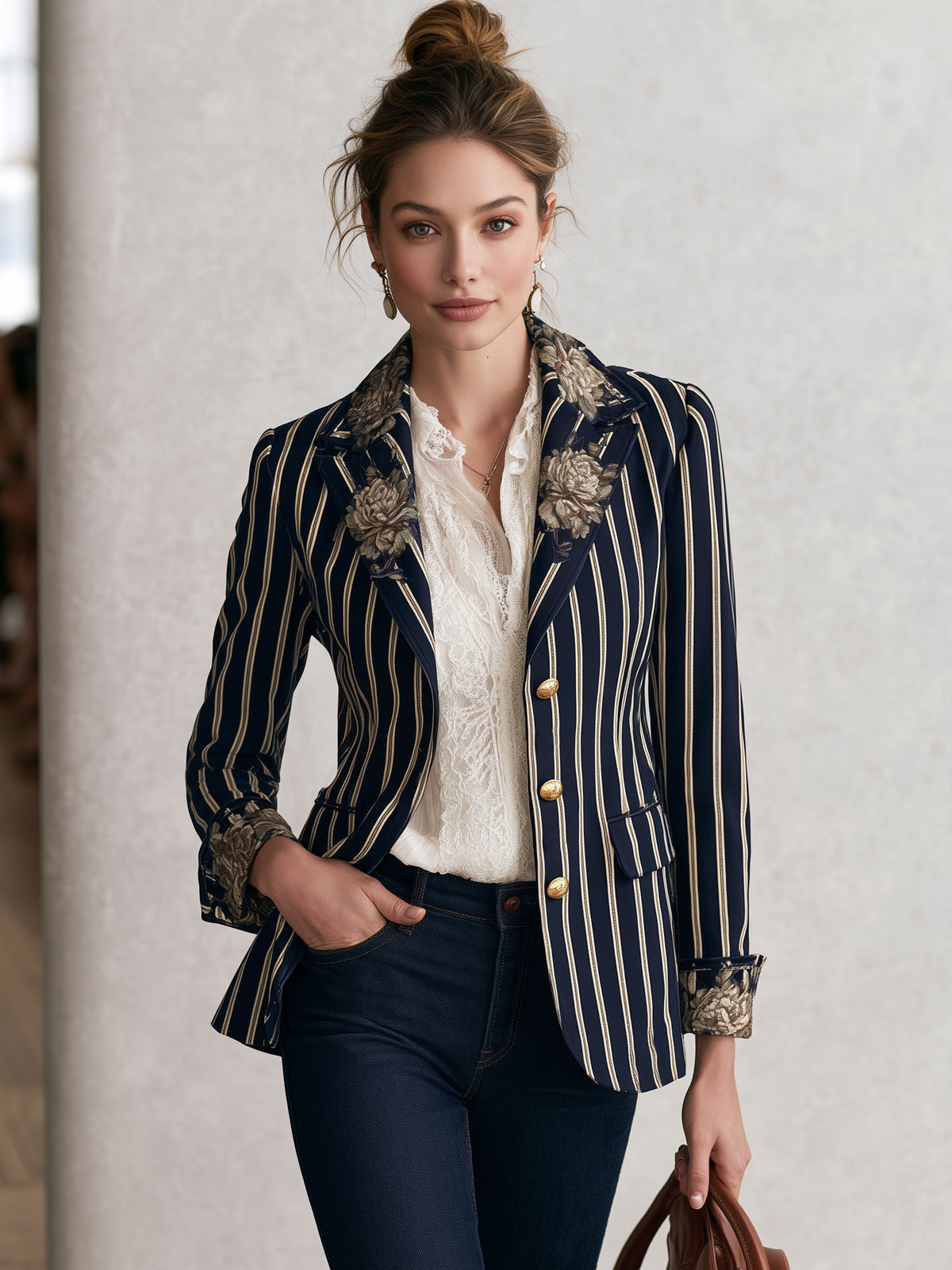 Fashionable Retro Peony Striped Navy Blue Suit Jacket