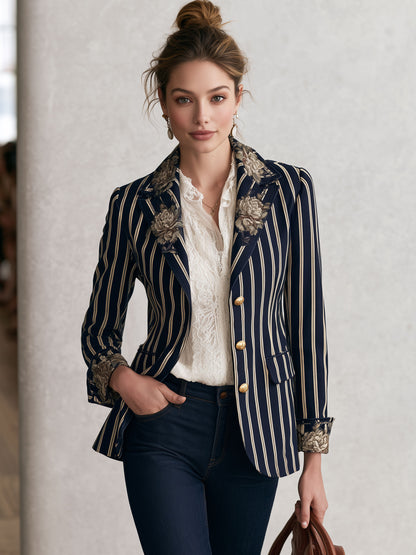Fashionable Retro Peony Striped Navy Blue Suit Jacket