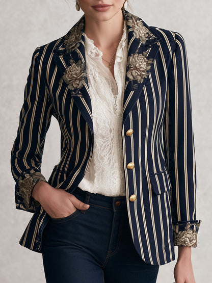 Fashionable Retro Peony Striped Navy Blue Suit Jacket