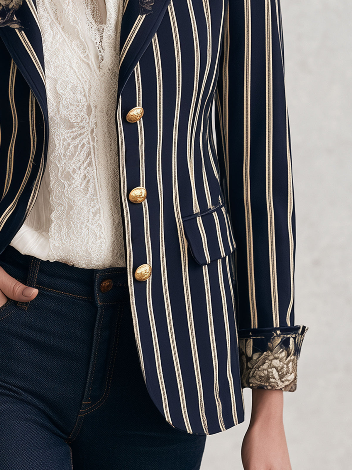 Fashionable Retro Peony Striped Navy Blue Suit Jacket
