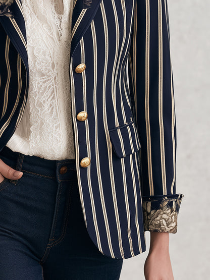 Fashionable Retro Peony Striped Navy Blue Suit Jacket