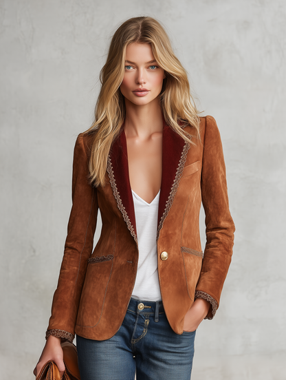 Retro-chic Faux Suede Blazer With Contrasting Lace Trim
