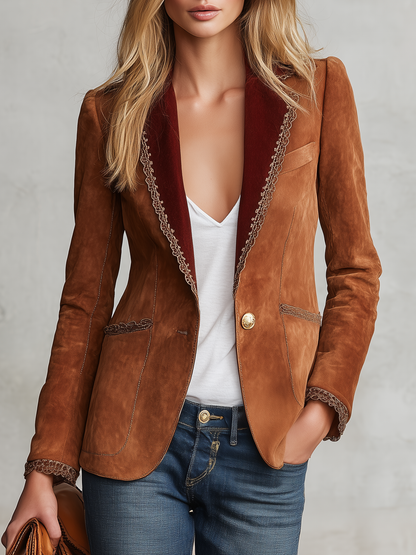 Retro-chic Faux Suede Blazer With Contrasting Lace Trim