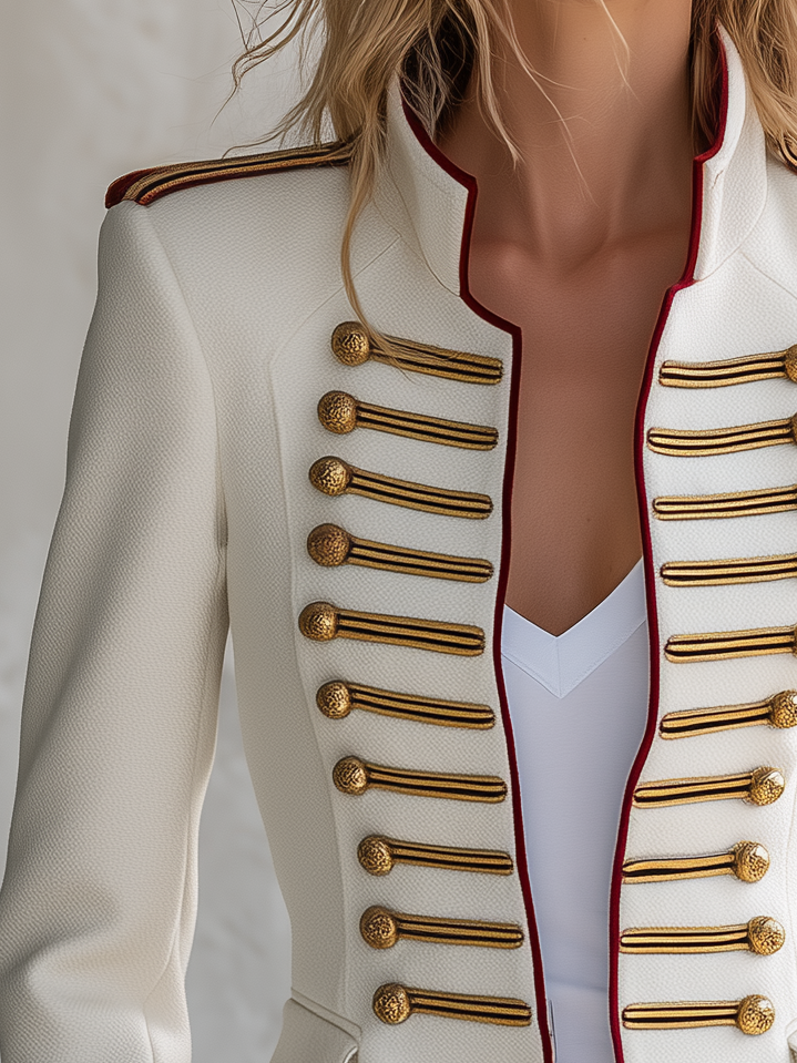 Retro-elegant Military-style Jacket Featuring Contrasting Panels Of Wool-blend Fabric And Velvet