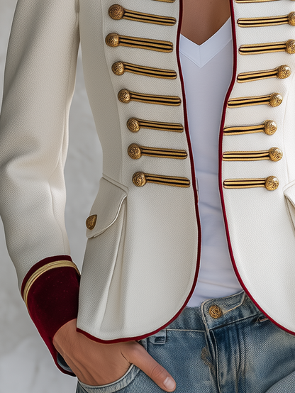 Retro-elegant Military-style Jacket Featuring Contrasting Panels Of Wool-blend Fabric And Velvet