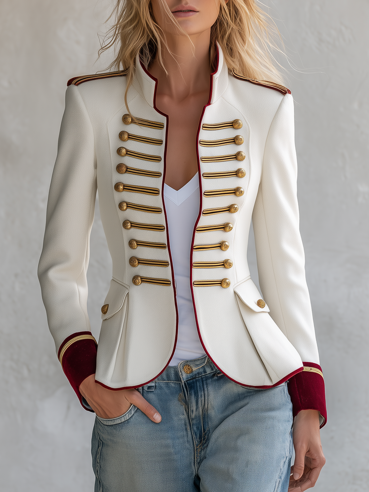 Retro-elegant Military-style Jacket Featuring Contrasting Panels Of Wool-blend Fabric And Velvet