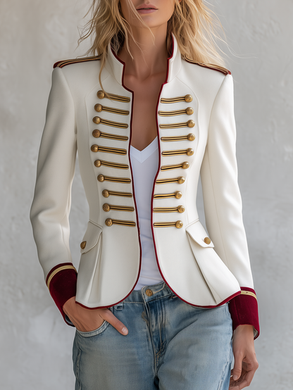 Retro-elegant Military-style Jacket Featuring Contrasting Panels Of Wool-blend Fabric And Velvet