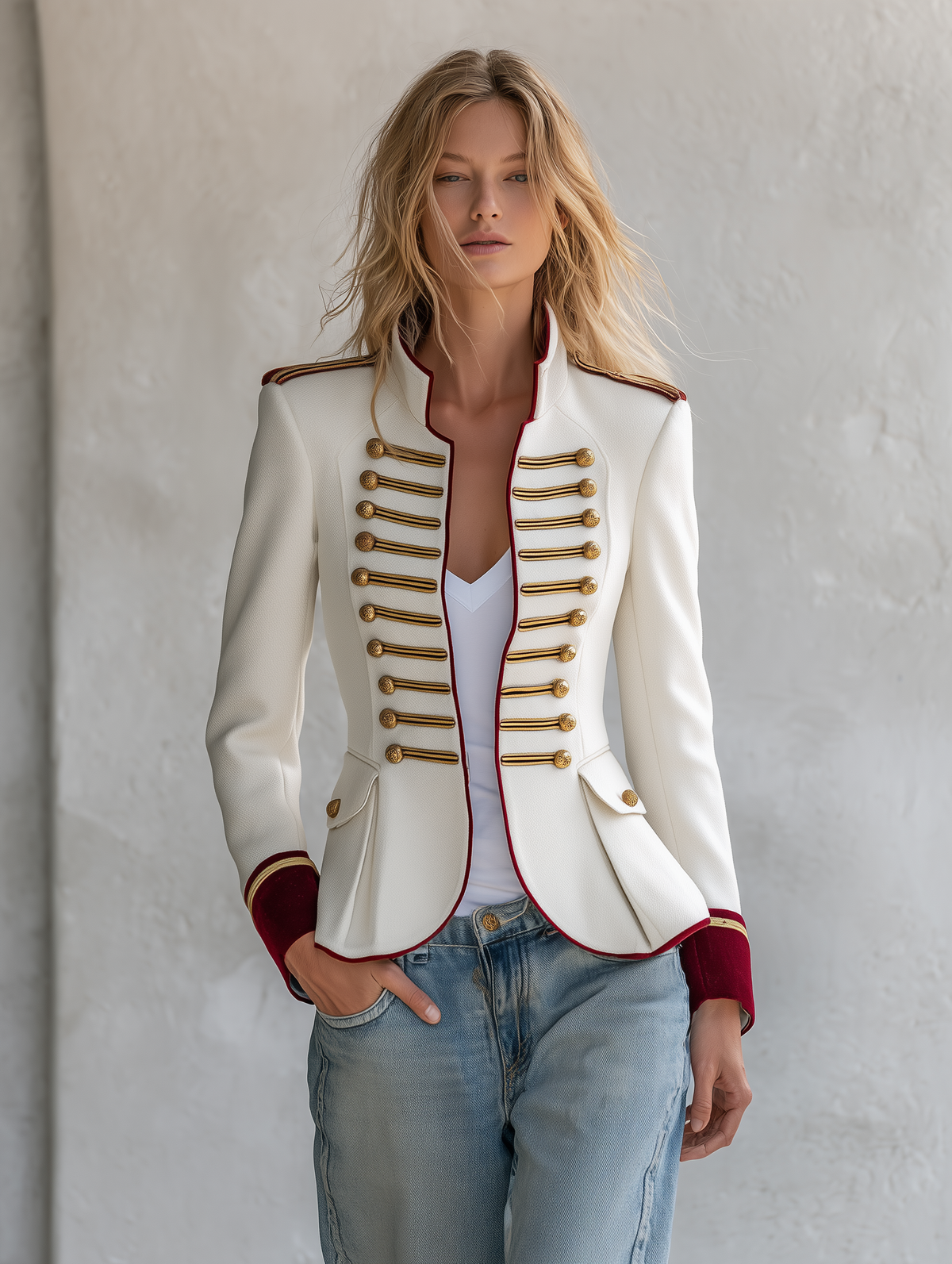 Retro-elegant Military-style Jacket Featuring Contrasting Panels Of Wool-blend Fabric And Velvet