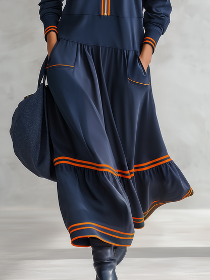 Retro Casual-sporty Style Cotton Sweatshirt-fabric Maxi Dress Featuring A Stand Collar And Color-blocking