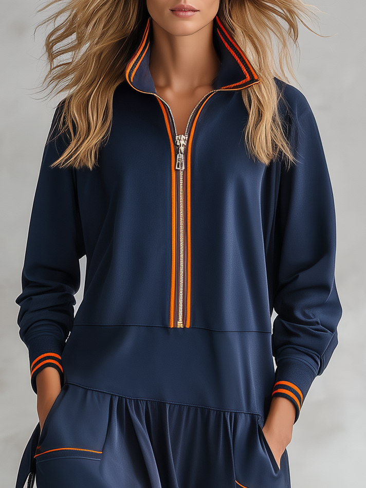 Retro Casual-sporty Style Cotton Sweatshirt-fabric Maxi Dress Featuring A Stand Collar And Color-blocking