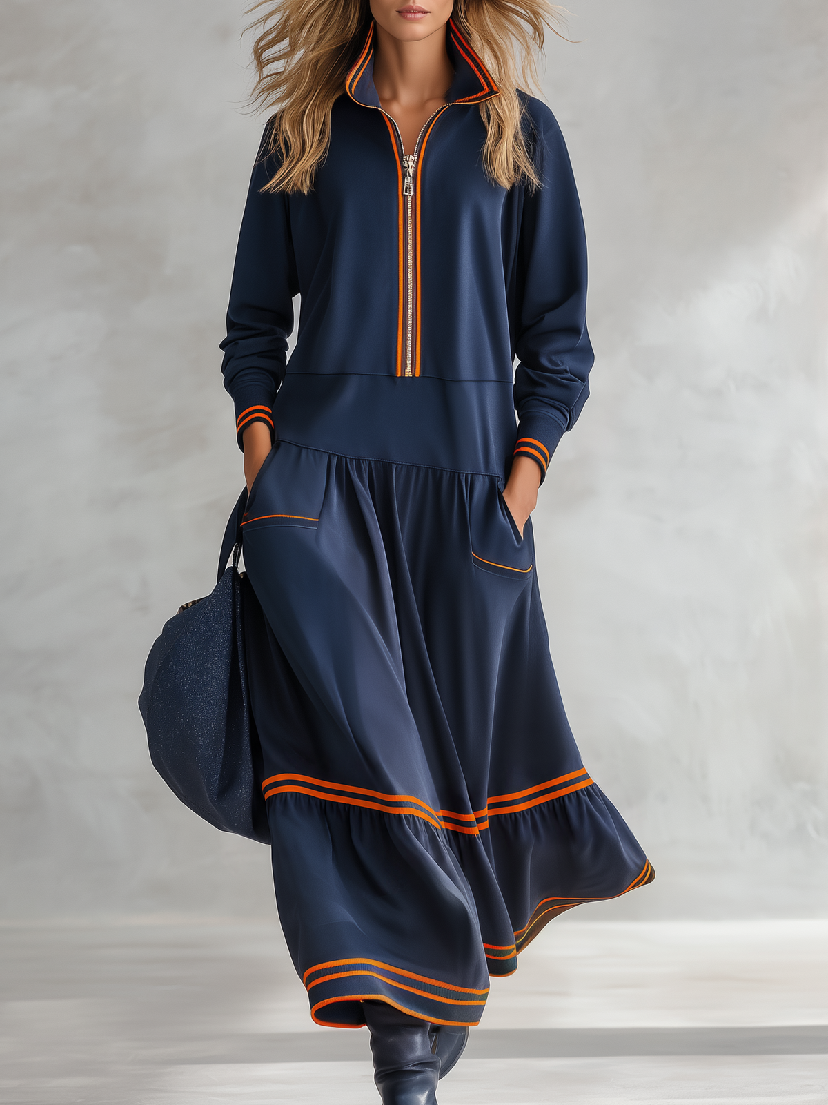Retro Casual-sporty Style Cotton Sweatshirt-fabric Maxi Dress Featuring A Stand Collar And Color-blocking