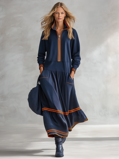 Retro Casual-sporty Style Cotton Sweatshirt-fabric Maxi Dress Featuring A Stand Collar And Color-blocking