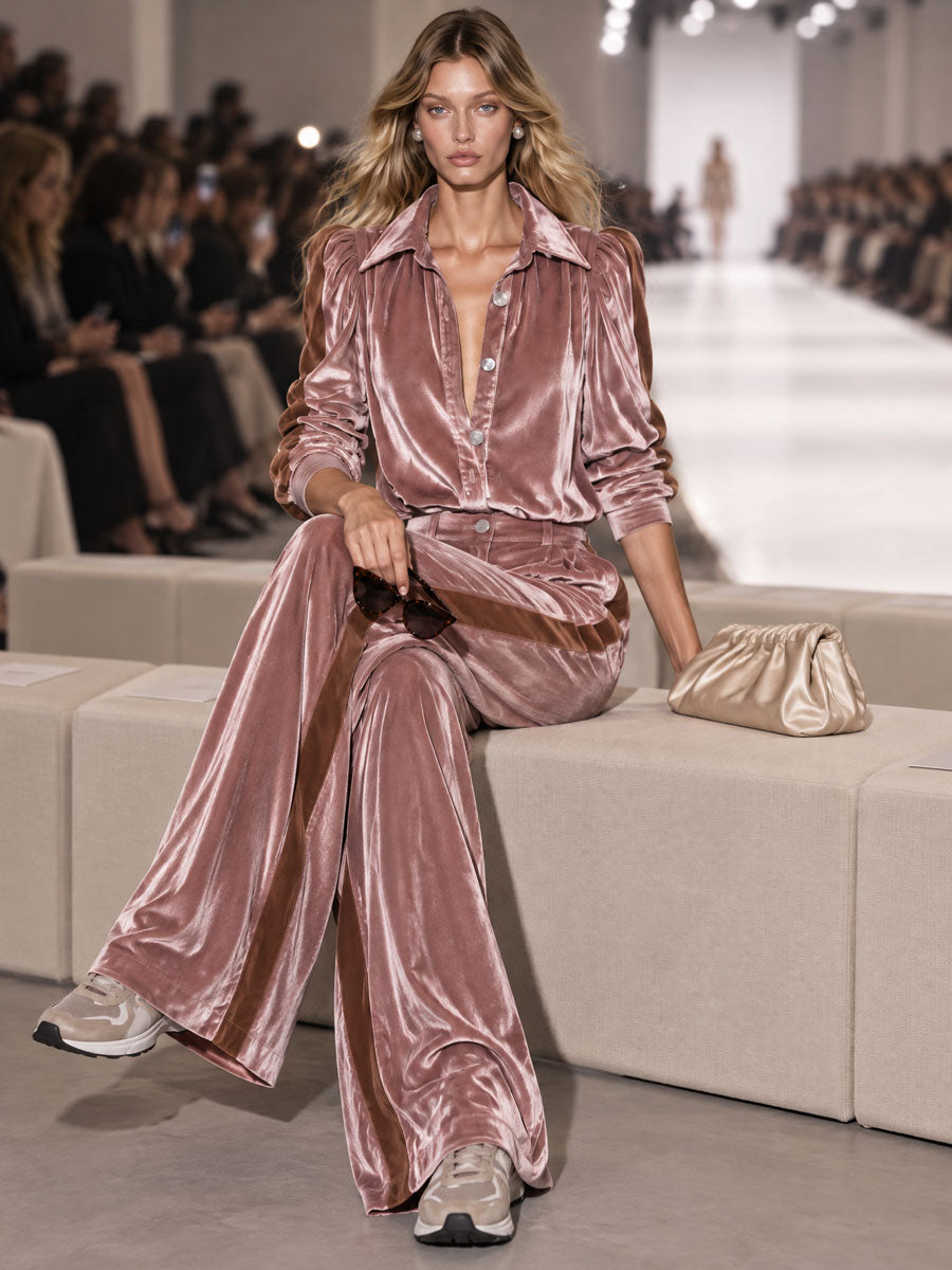 Retro Elegant Dusty Pink Velvet Puff-Sleeve Shirt And Side-Stripe Wide-Leg Pants Set