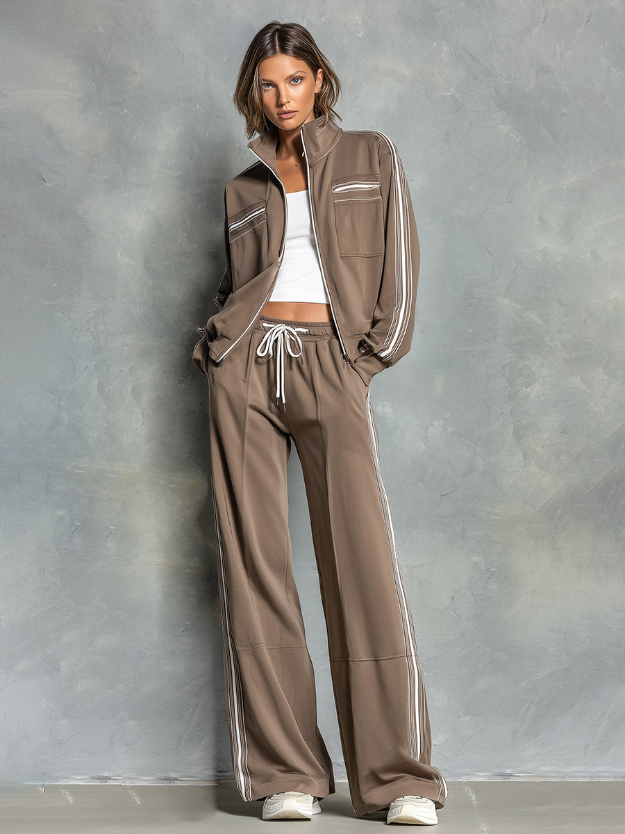 Casual Striped-trim Tan Sweatshirt Jacket And Pants Cotton Set
