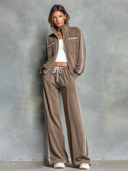 Casual Striped-trim Tan Sweatshirt Jacket And Pants Cotton Set
