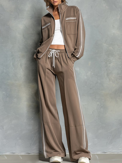 Casual Striped-trim Tan Sweatshirt Jacket And Pants Cotton Set