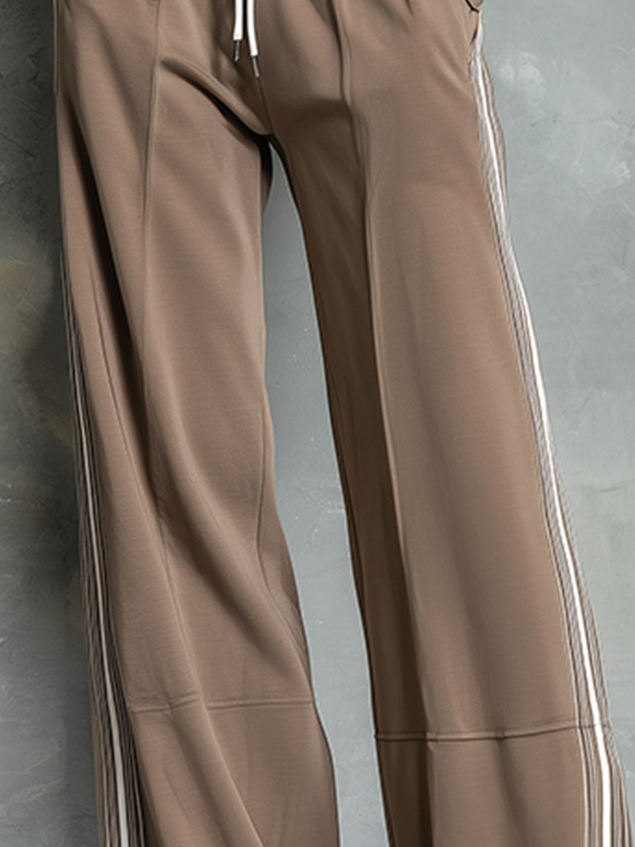 Casual Striped-trim Tan Sweatshirt Jacket And Pants Cotton Set