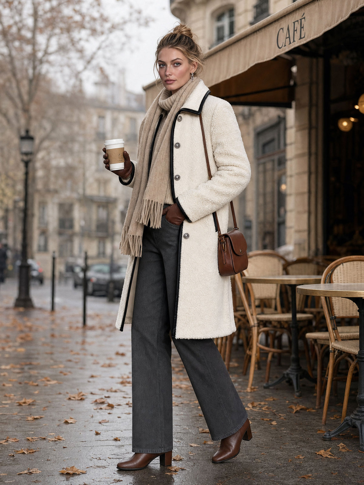 Casual Retro PU Trim White Fleece Mid-length Coat