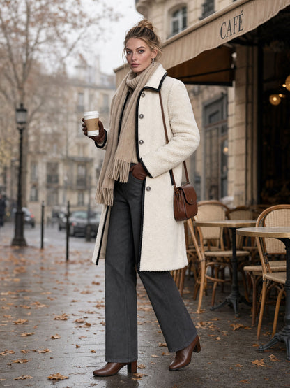 Casual Retro PU Trim White Fleece Mid-length Coat
