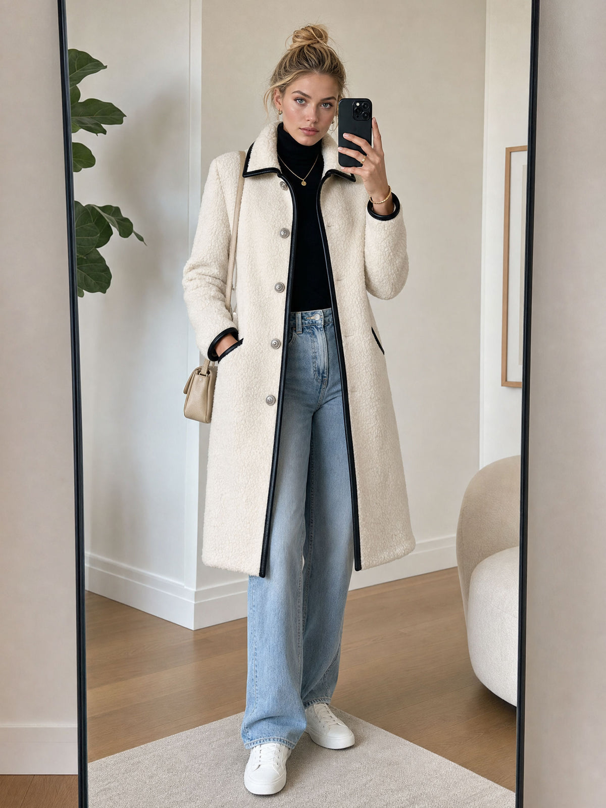 Casual Retro PU Trim White Fleece Mid-length Coat