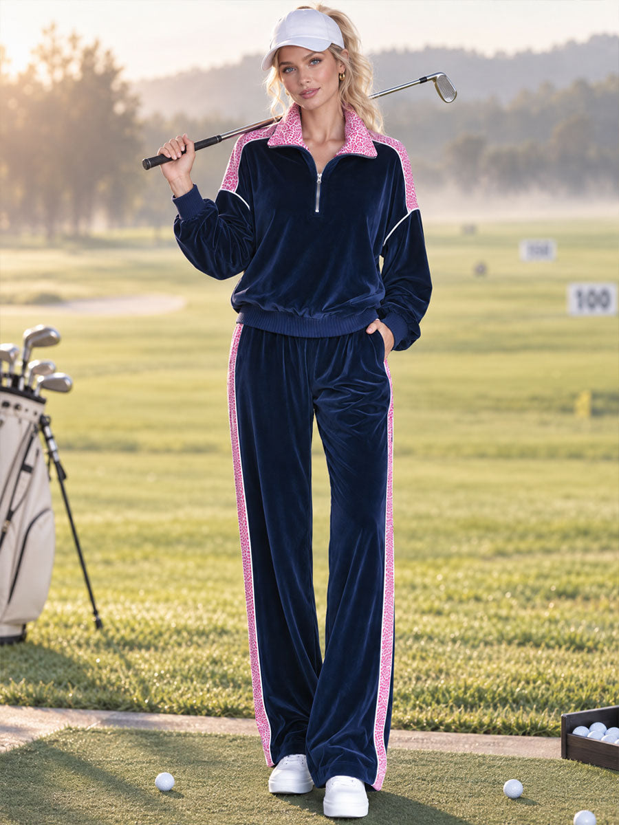 Retro Sporty Navy Velvet Half-Zip Top And Pink Leopard-Trim Wide-Leg Pants Set