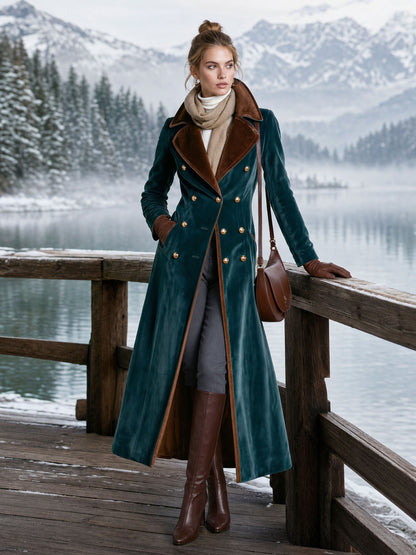 Casual Retro Metal Buckle Color-blocked Lake Blue Velvet Long Coat