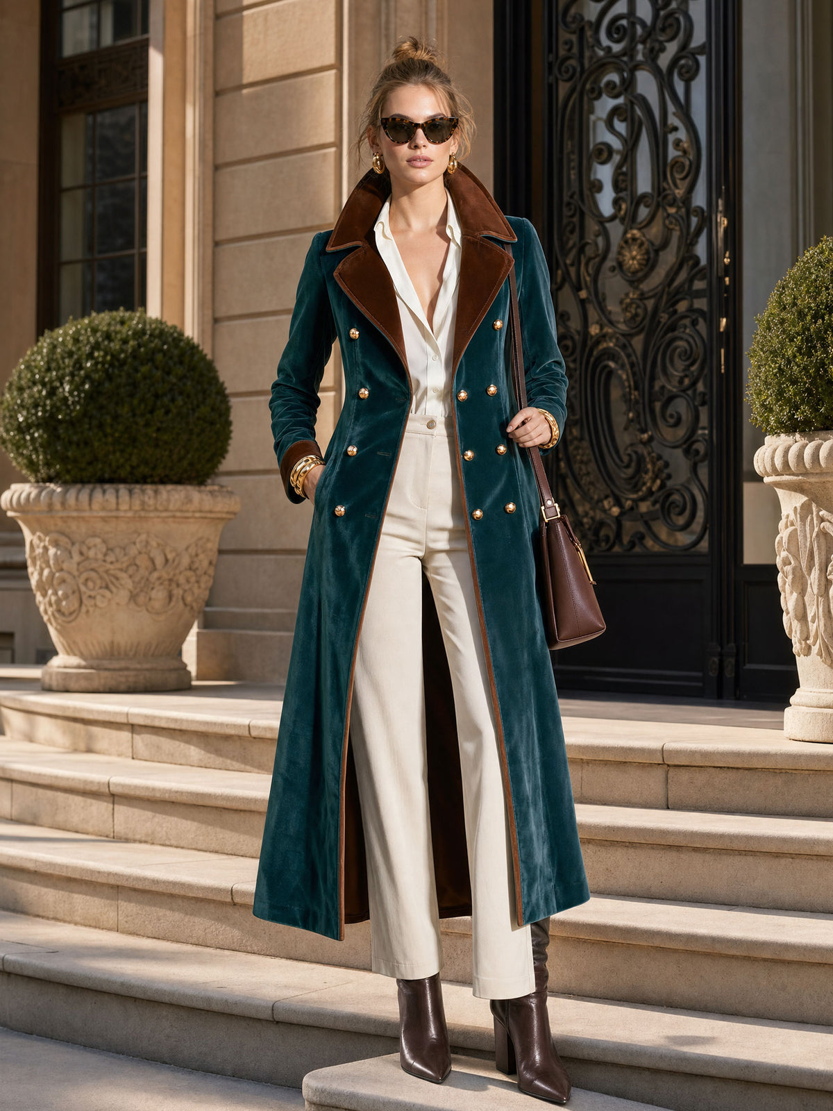 Casual Retro Metal Buckle Color-blocked Lake Blue Velvet Long Coat