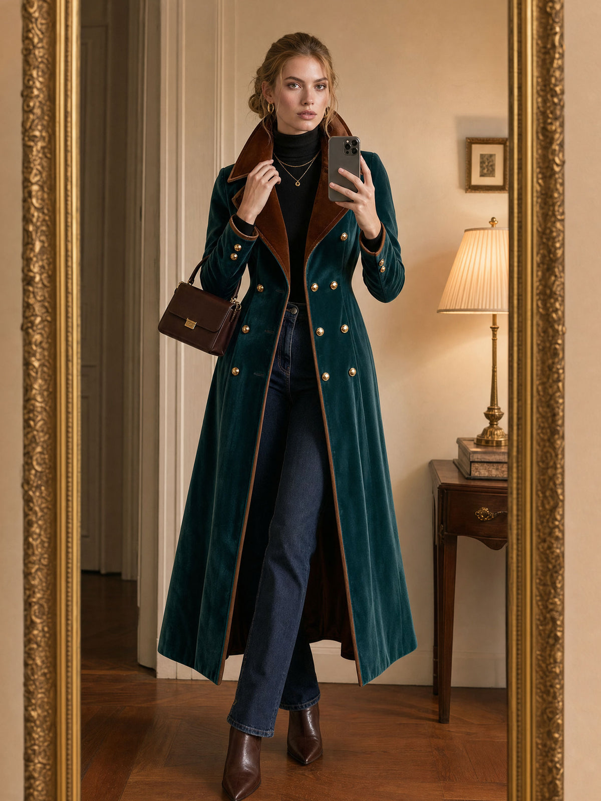 Casual Retro Metal Buckle Color-blocked Lake Blue Velvet Long Coat