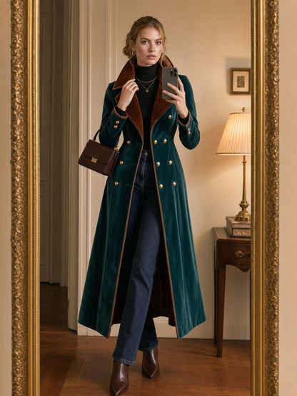 Casual Retro Metal Buckle Color-blocked Lake Blue Velvet Long Coat