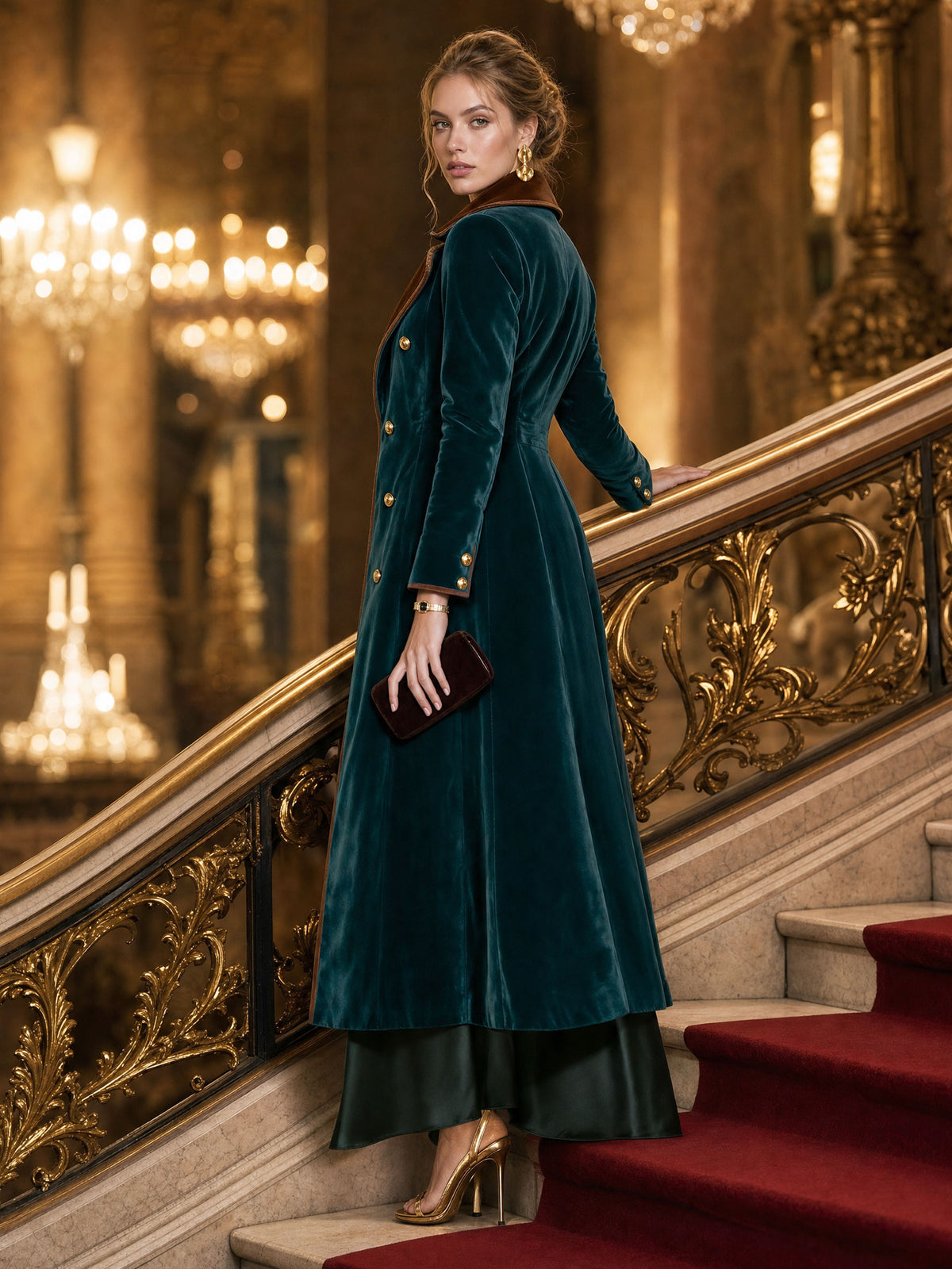 Casual Retro Metal Buckle Color-blocked Lake Blue Velvet Long Coat