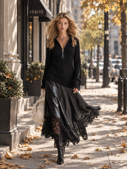 Elegant Urban Style Lace-Hem Black Knit &amp; PU Patchwork Maxi Dress