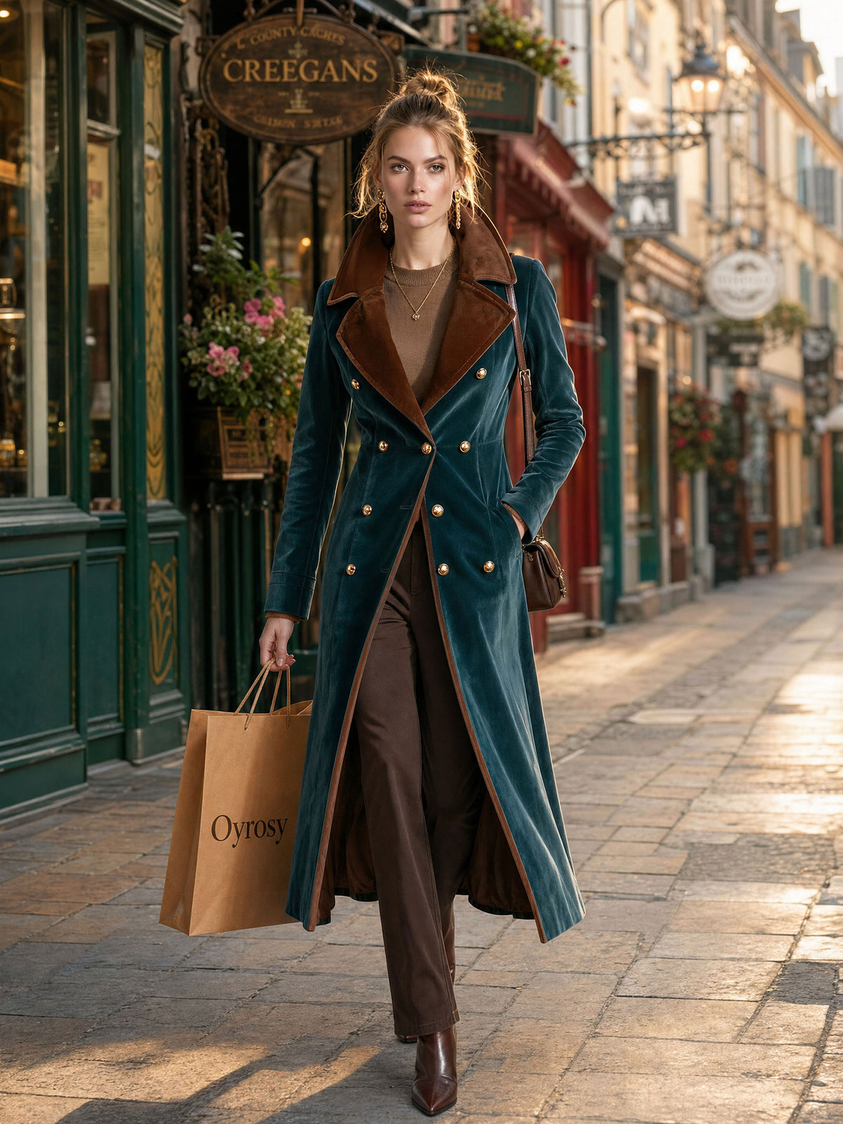 Casual Retro Metal Buckle Color-blocked Lake Blue Velvet Long Coat