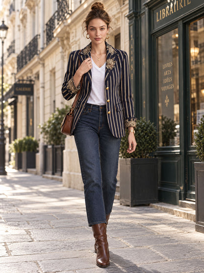 Fashionable Retro Peony Striped Navy Blue Suit Jacket