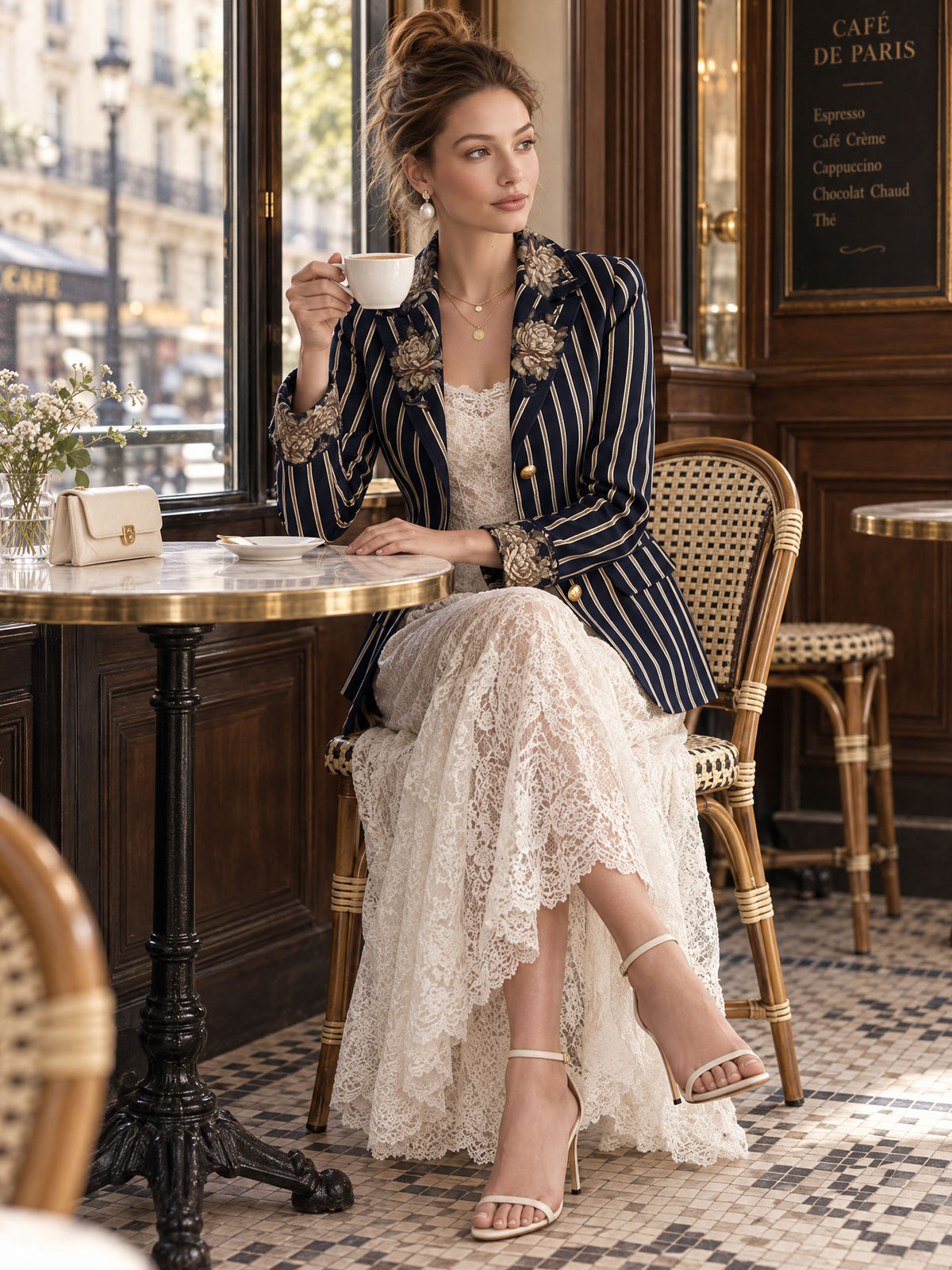 Fashionable Retro Peony Striped Navy Blue Suit Jacket