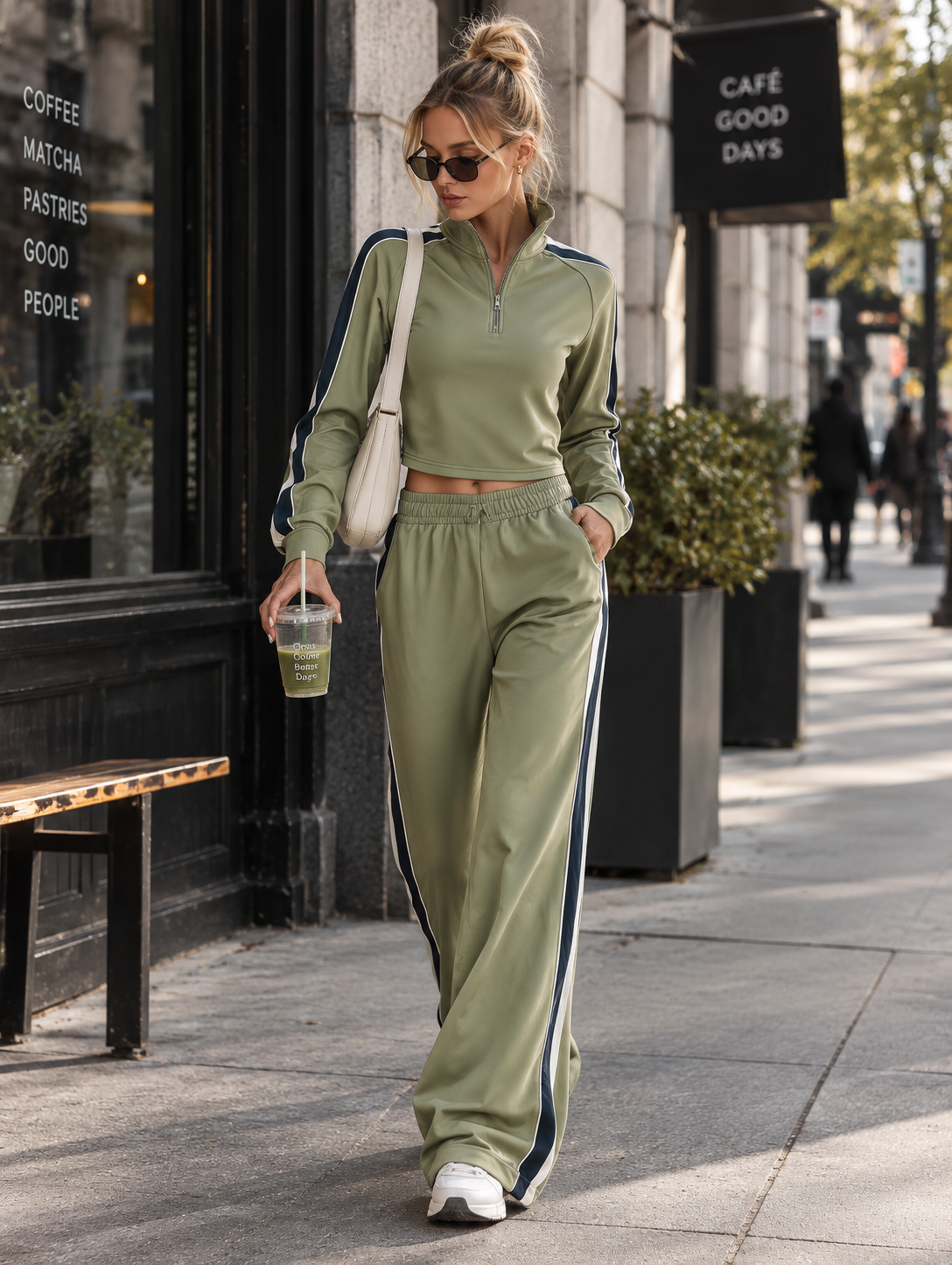 Casual Striped-Trim Sage Green Cotton Sweatshirt And Pants Set