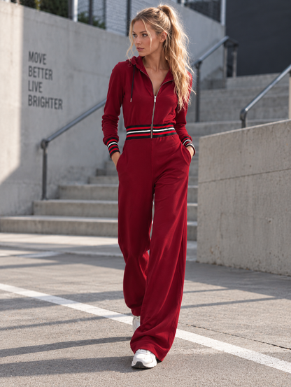 Casual Sporty Style With Striped Trim Red Hooded Cotton Jumpsuit
