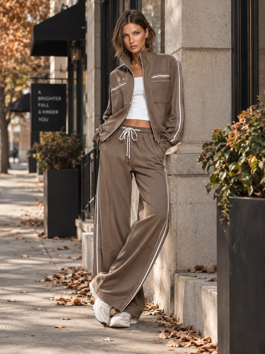 Casual Striped-trim Tan Sweatshirt Jacket And Pants Cotton Set