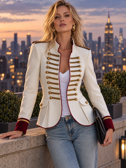Retro-elegant Military-style Jacket Featuring Contrasting Panels Of Wool-blend Fabric And Velvet