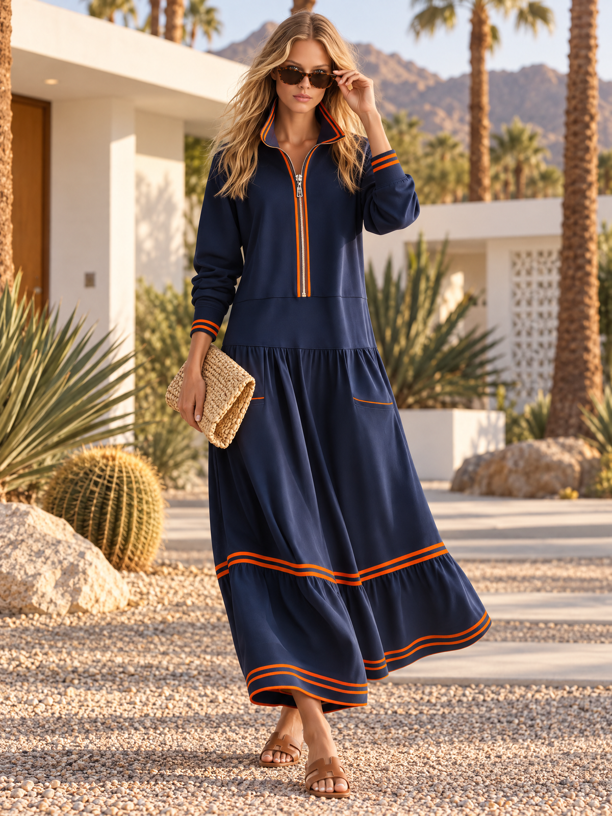 Retro Casual-sporty Style Cotton Sweatshirt-fabric Maxi Dress Featuring A Stand Collar And Color-blocking