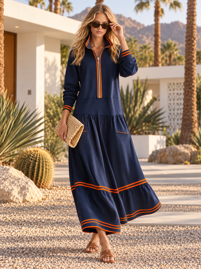 Retro Casual-sporty Style Cotton Sweatshirt-fabric Maxi Dress Featuring A Stand Collar And Color-blocking