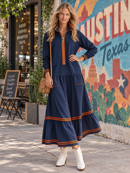 Retro Casual-sporty Style Cotton Sweatshirt-fabric Maxi Dress Featuring A Stand Collar And Color-blocking