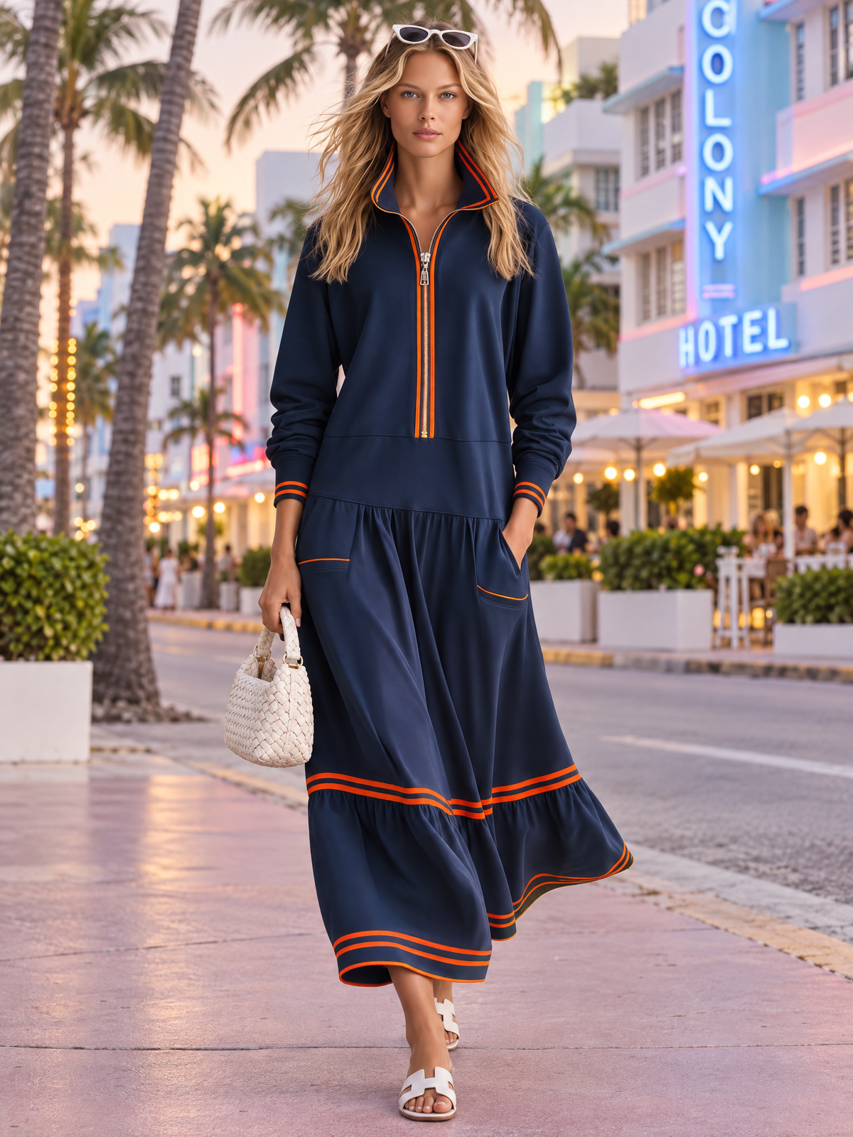 Retro Casual-sporty Style Cotton Sweatshirt-fabric Maxi Dress Featuring A Stand Collar And Color-blocking