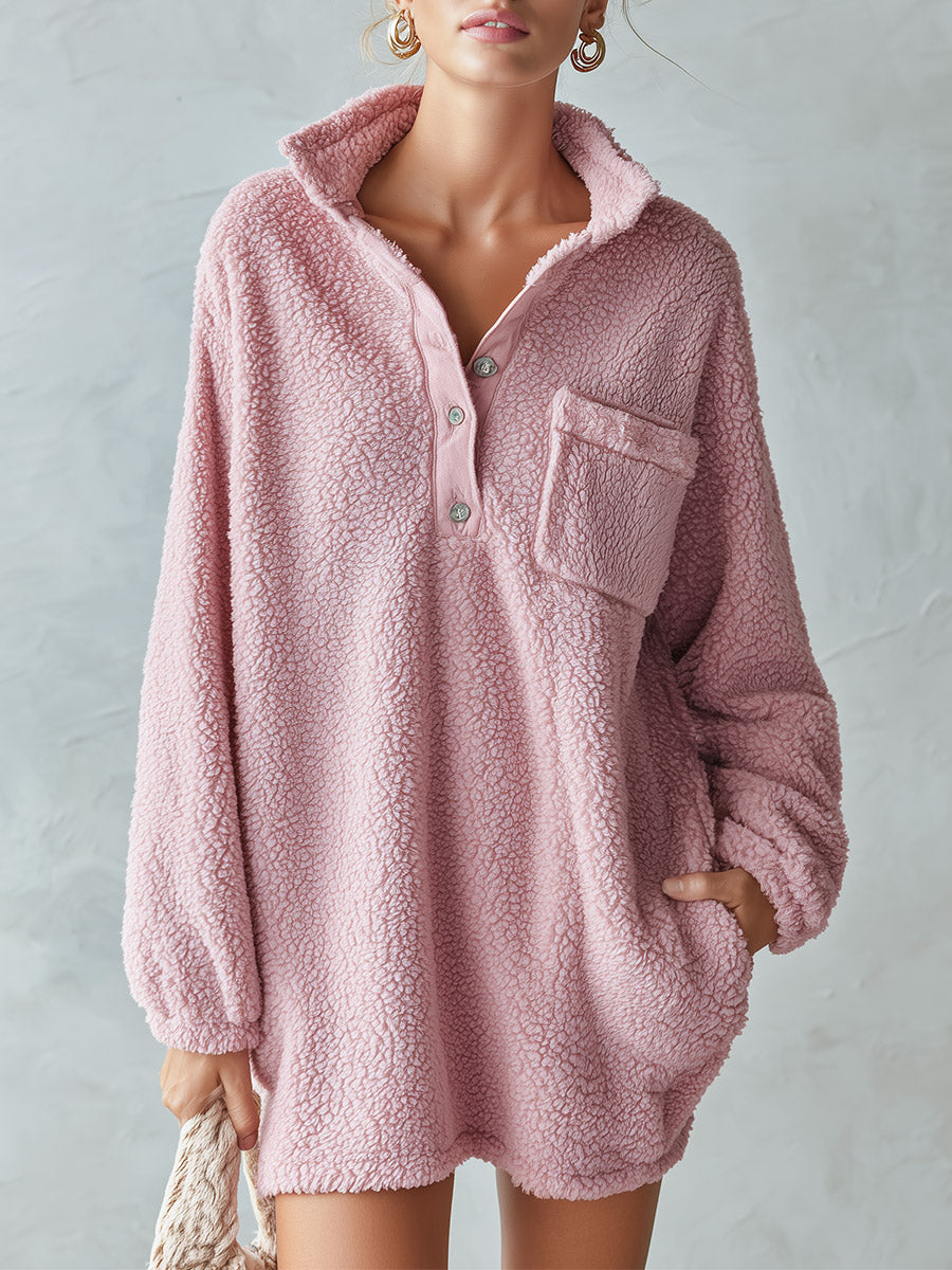 Oversized Teddy Fleece Half-Zip Hooded Mini Dress