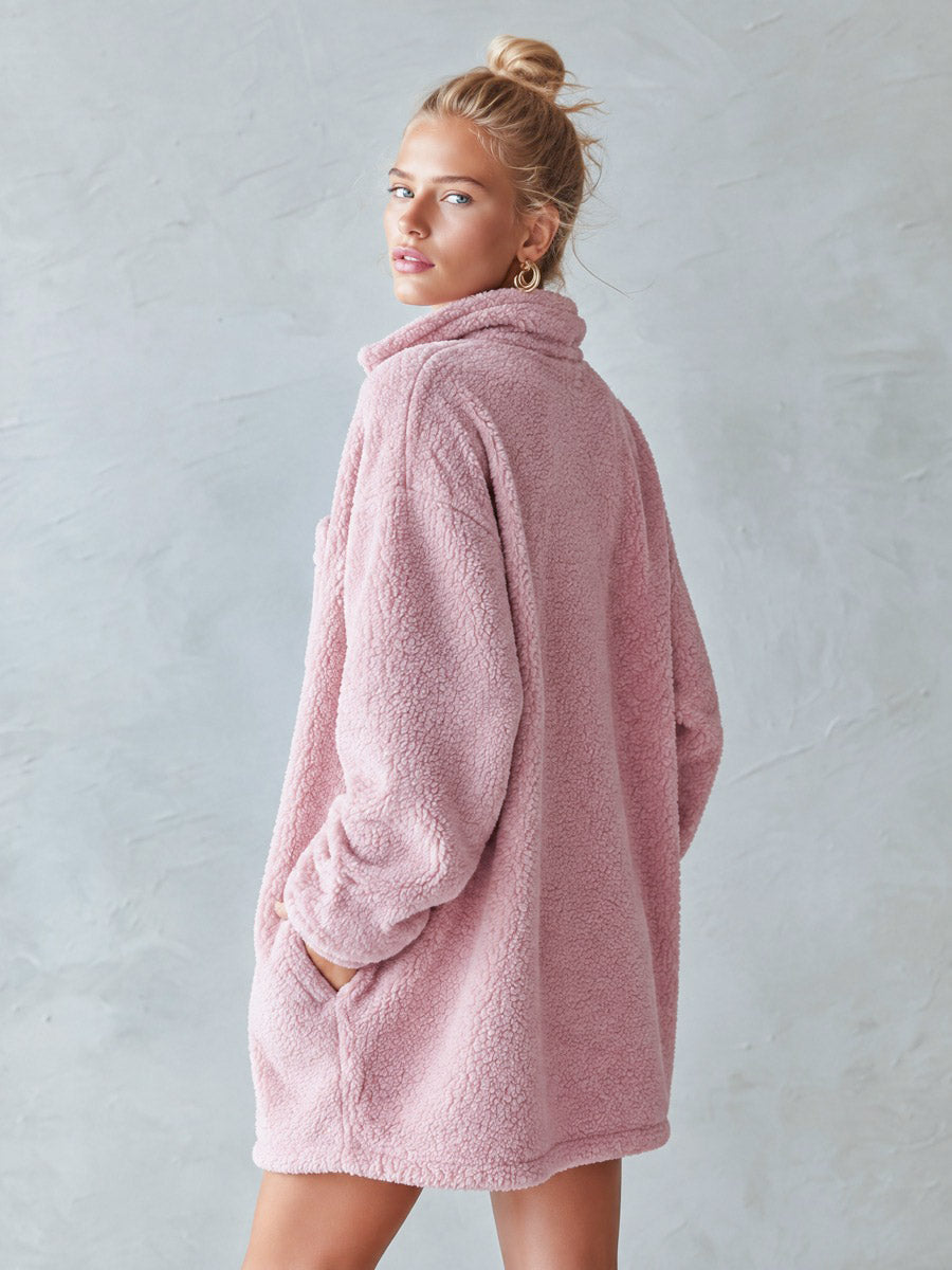 Oversized Teddy Fleece Half-Zip Hooded Mini Dress