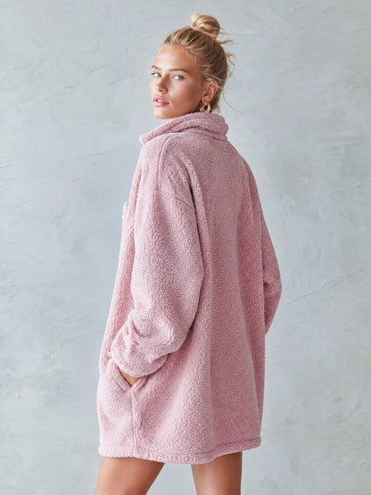Oversized Teddy Fleece Half-Zip Hooded Mini Dress